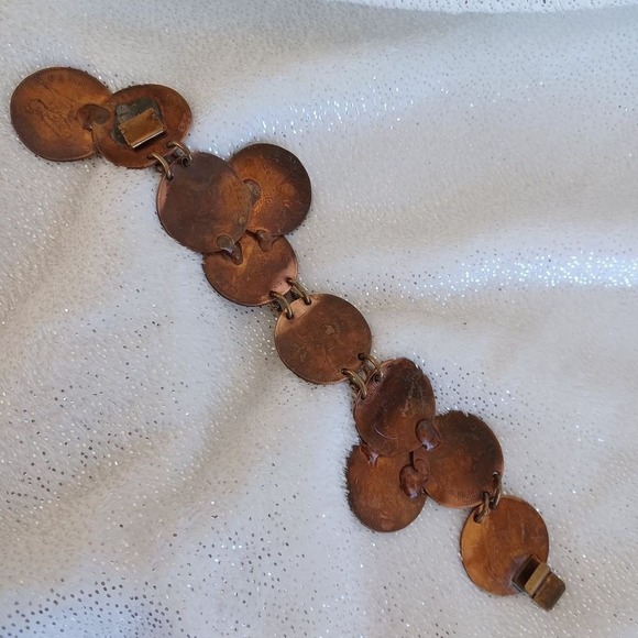 Bracelet Statement Oxidized Copper Turquoise Tone Coin Faux Bold 9" Boho Western - Picture 3 of 15